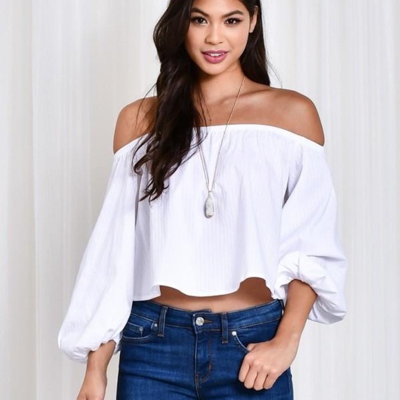 Blue Blush Tops - White Off Shoulder Flounce Crop Top
